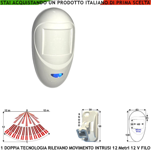 Doppia Tecnologia Grandangolo Sensore di Movimento x Antifurto Portata 12 MT da Interno Rileva Intruso Aliment. 12 V Assorb. 40 mA Infrarosso Lente 18 Fasci su 4 Piani ERS Contenitore Bianco Snodo ABS