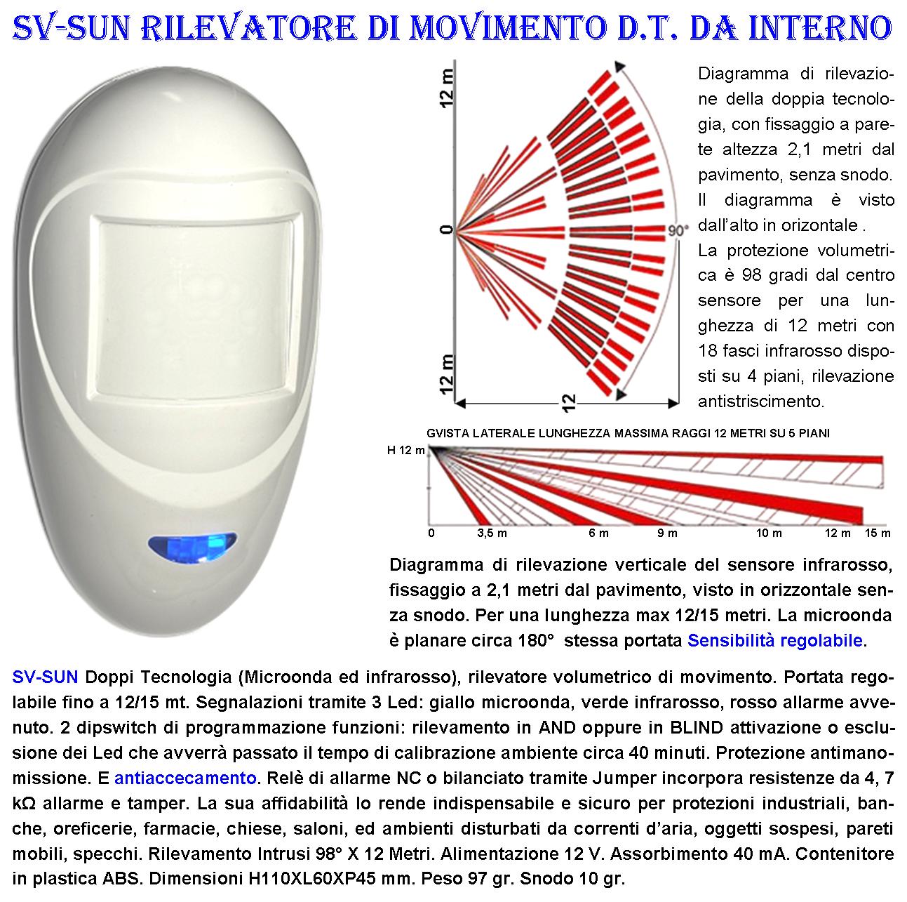Sensori di Movimento Intrusi 2 Doppie Tecnologia Grandangolo Per Antifurto Portata 12 MT da Interno Alimen. 12 V Assorb. 40 mA Infrarosso Lente 18 Fasci su 4 Piani ERS Contenitore Bianco Snodo ABS