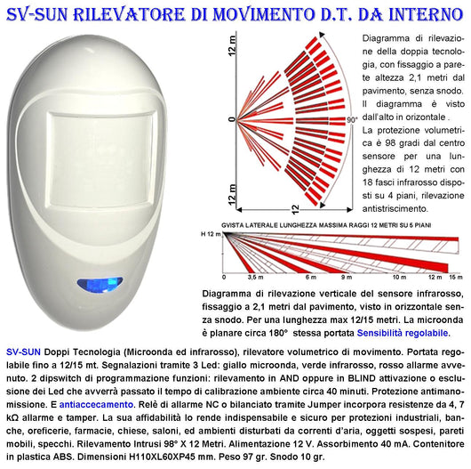 Doppia Tecnologia Grandangolo Sensore di Movimento x Antifurto Portata 12 MT da Interno Rileva Intruso Aliment. 12 V Assorb. 40 mA Infrarosso Lente 18 Fasci su 4 Piani ERS Contenitore Bianco Snodo ABS