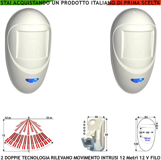 Rilevatore Movimento Intrusi 2 Pezzi Doppia Tecnologia Grandangolo Per Allarme Portata 12 MT da Interno Alim. 12 V Assorb. 40 mA Infrarosso Lente 18 Fasci su 4 Piani ERS Contenitore Bianco Snodo ABS