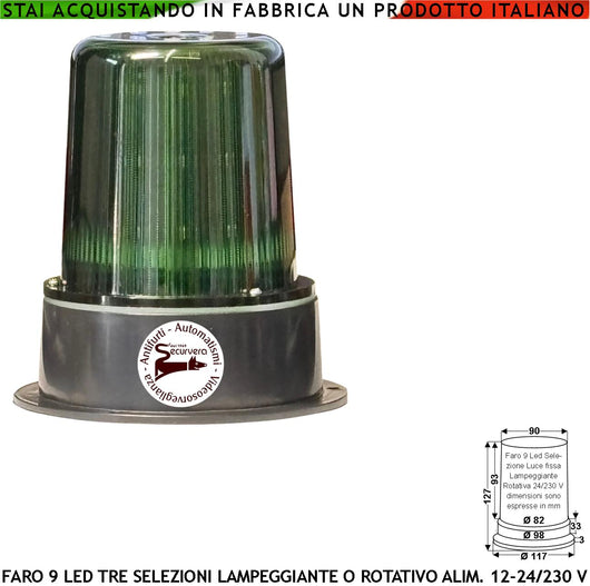 Ripetitore Semaforo Verde Luce 9 Led su 3 Steli Funzioni Luce Fissa, Rotante Lampeggiante Aliment. 12/24/230 V Montaggio a Palo o Parete Uso Come Monitore su Automatismi Contenitore Metacrilato IP55
