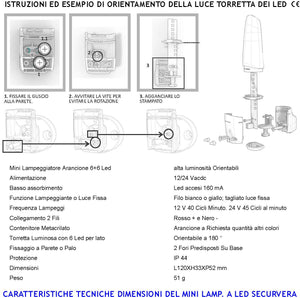 Faro Lampeggiante Arancione 6+6 Led Luce Fissa o Intermittente Montaggio a Palo o Parete Monitore su Automatismi Pericolo Macchina in Movimento Aliment. 12/24 V Contenitore Metacrilato Protezione IP44