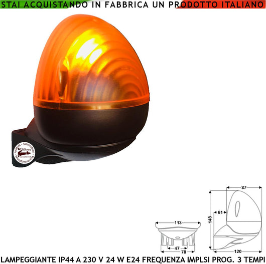 Lampeggiatore Cancello 230 V da 20W E14 Intermittenza Elettronica Selezione Numero di Lampeggi al Minuto 60/90/120 Contenitore ABS Calotta Arancione in Metacrilato Protezio IP44 da Parete o da Palo