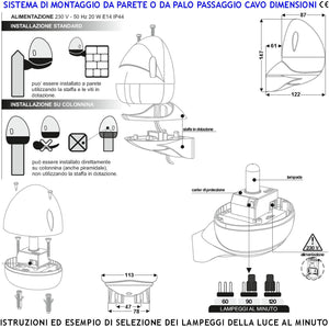 Lampeggiante Lampada 230 V da 20 W E14 Intermittenza Elettronica con Selezione Numero di Lampeggi al Minuto 60/90/120 Contenitore ABS. Calotta Arancione in metacrilato Protezio IP44 da Parete o Palo