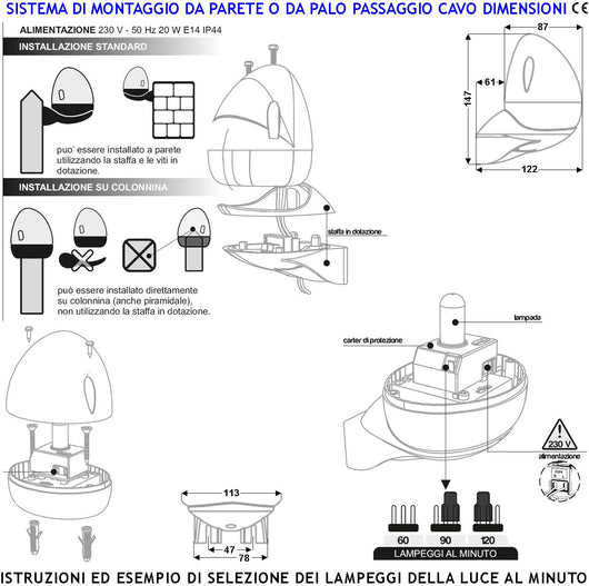Lampeggiante Lampada 230 V da 20 W E14 Intermittenza Elettronica con Selezione Numero di Lampeggi al Minuto 60/90/120 Contenitore ABS. Calotta Arancione in metacrilato Protezio IP44 da Parete o Palo