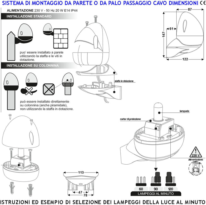 Lampeggiante Lampada 230 V da 20 W E14 Intermittenza Elettronica con Selezione Numero di Lampeggi al Minuto 60/90/120 Contenitore ABS. Calotta Arancione in metacrilato Protezio IP44 da Parete o Palo