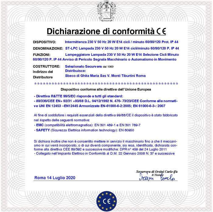 Lampeggiante Lampada 230 V da 20 W E14 Intermittenza Elettronica con Selezione Numero di Lampeggi al Minuto 60/90/120 Contenitore ABS. Calotta Arancione in metacrilato Protezio IP44 da Parete o Palo
