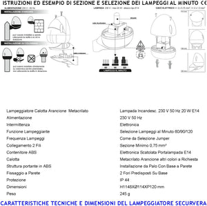 Lampeggiante Lampada 230 V da 20 W E14 Intermittenza Elettronica con Selezione Numero di Lampeggi al Minuto 60/90/120 Contenitore ABS. Calotta Arancione in metacrilato Protezio IP44 da Parete o Palo
