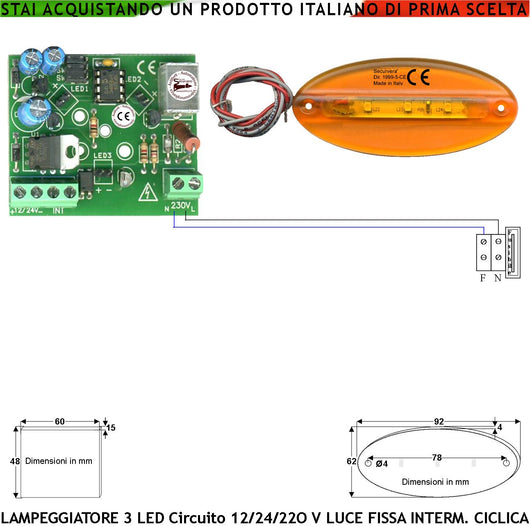 Lampeggiante Arancione Ovale Piatto Circuito Multifumzioni Selezione Luce Fissa Intermittente Ciclica Il Circuito Supporta 1/6 Basette da 3 Led Aliment. 12-24-230 V Metacrilato IP44 Per Asta Barriera