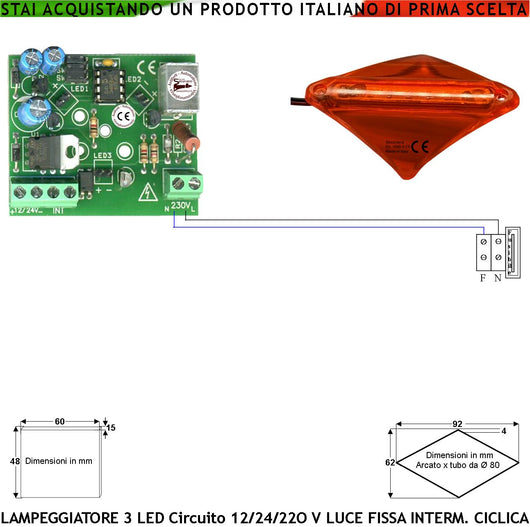 Lampeggiatore Arancione Scelta Luce Fissa Intermittente Ciclica Il Circuito Supporta 1/6 Basetta Curva da Palo Ø 80 mm da 3 Led Aliment. 12-24-230 V Parte Luminosa Metacrilato IP44 Per Asta Barriera