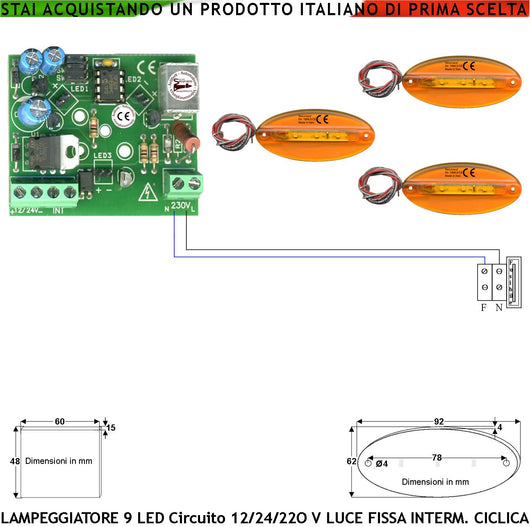 Monitore Lampeggiante Arancione Ovale Piatta Circuito Multifumzioni Scelta Luce Fissa Intermittente Ciclica Il Circuito Comanda 3 Basette Totale 9 Led Alimen. 12-24-230 V Metacrilato IP44 Per Barriera