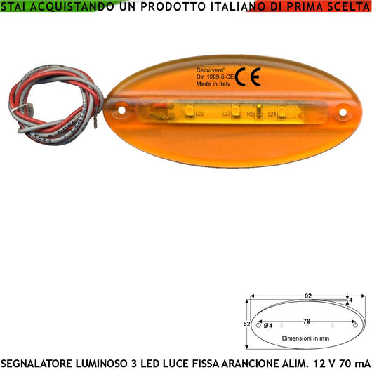 Luce Arancione 3 Led alta Luminosità Luce Fissa Basetta Ovale Piatto Aliment. 12 Vcc Assorb. 70 mA in Metacrilato IP44 Per Asta Barriera Freccia Auto Segnale Ingombro Allarme Ponteggio Demarcazione