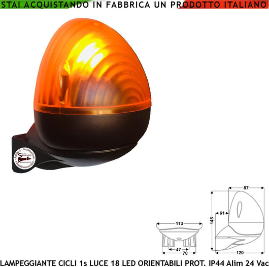 Lampeggiatore Cancello Automatico Luce 9+9 Led 12/24 Vac Intermittenza Elettronica 40/45 Lampeggi al Minuto Contenitore ABS Calotta Arancione in Metacrilato Protezione IP44 Montaggio a Parete o Palo