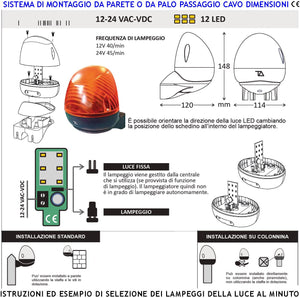 Luce Lampeggiante Orientabile 9+9 Led 12/24 V Intermittenza Elettronica 40/45 Lampeggi al Minuto Automatismo Contenitore ABS Calotta Arancione in Metacrilato Protezione IP44 Montaggio a Parete o Palo
