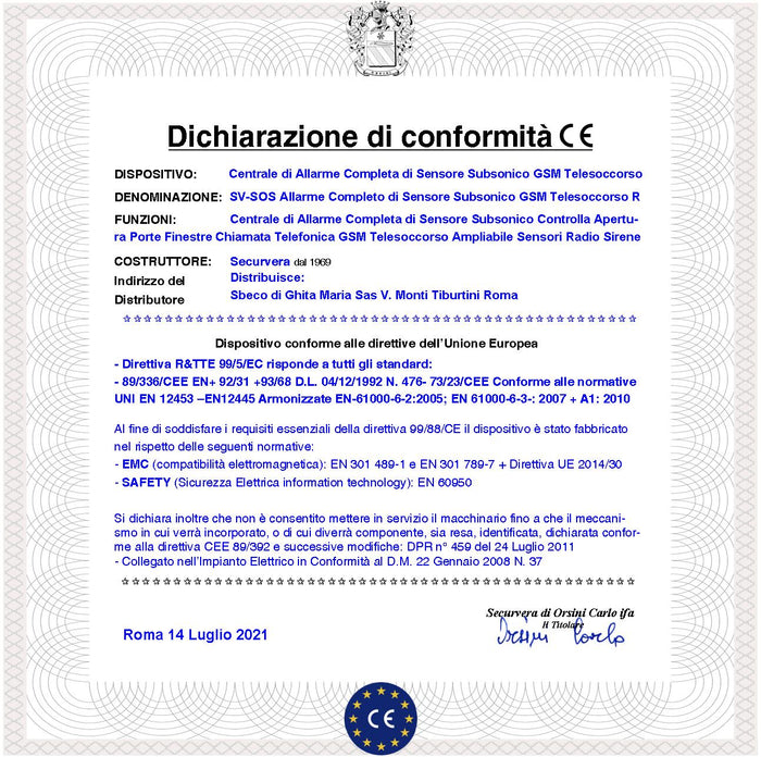 Allarme Sistema Telesonic Kit Completo Sensore SubSonico GSM Telesoccorso Apricancello App Andoid 2 Radiocomandi Predisposto Ascolto Ambientale 4 Zone Filo Memorizza 32 Periferiche Batteria 12 V 1,2Ah