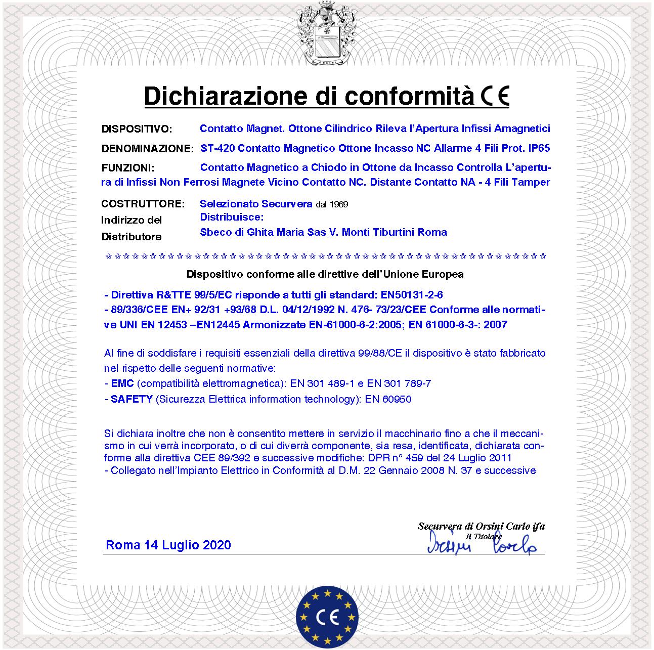 Sensore Magnetico da Incasso Cilindrico Ottone 2 Pezzi Reed NC Collegamento 4 Fili Tensione Transito Max 100 V 10 W Carico Resistivo Antifurto Infissi Non Ferrosi Forma Cilindrica ABS Prot. IP65