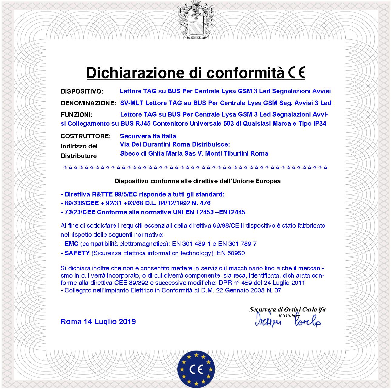 Lettore TAG Per Centrale Antifurto Lysa evo GSM Collegamento BUS Tre Led Segnalano Stato e Funzioni Allarme 2 Chiavi di Prossimità Univoche Contenitore Indirizzo LAN 503 Universale Protezione IP34