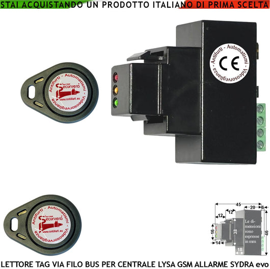Lettore Chiave di Sfioramento Per Centrale Antifurto Lysa evo GSM Tre Led Segnalano Stato Funzioni Allarme Due TAG Univoco Collegamento BUS Codice Indirizzo Contenitore LAN 503 Universale Prot. IP34