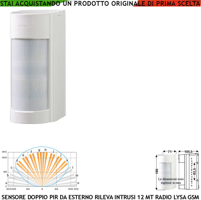 Rilevatore di Movimento Doppio Infrarosso da Esterno Con Ricetrasmettitore Freq. 433,92 MHz Per Lysa GSM Sensore Grandangolo 12 m 5 Livelli Basso Assorbimento Anticollisione Anti Jamming Prot. IP55