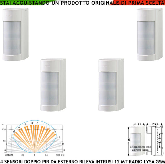 Rilevano Intrusi Doppio Infrarosso da Esterno 4 Pezzi Radio Freq. 433,92 MHz Per Lysa GSM Antifurto Anti Jamming Sensore Grandangolo 12 m 5 Livelli Basso Assorbimento Sydra Anticollisione Prot. IP55
