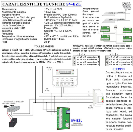Modulo 8 Zone Filo Bilanciamento Resistivo e 4 Uscite Open Collector 200 mA Espansione Collegamento BUS su Centrale Radio Filo Lysa GSM evo Tanper NC Protezione PTC Max 300 mA Indirizzo 5 DipSwitch