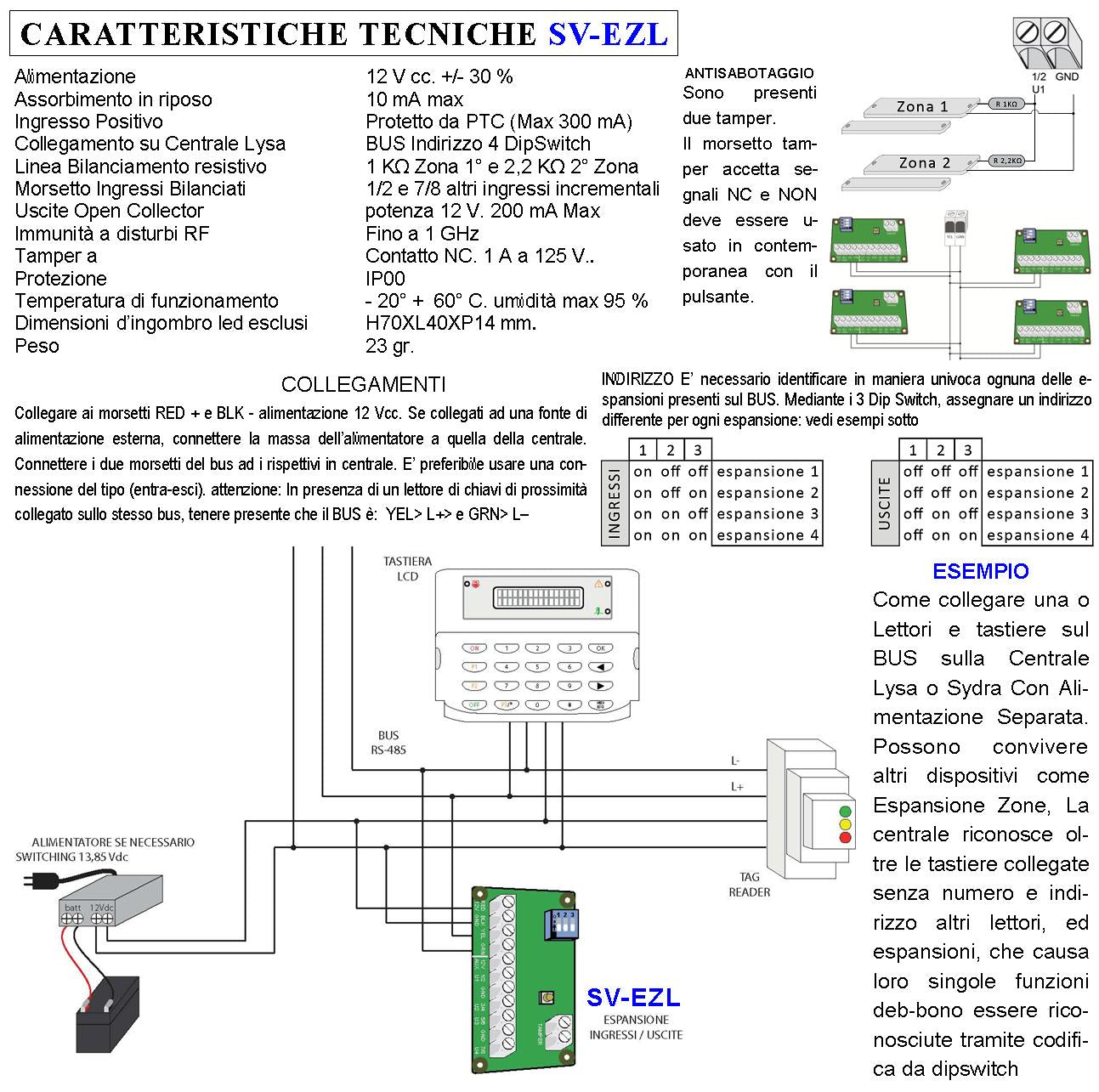 Circuito 8 Zone Filari Bilanciamento Resistivo e 4 Uscite Open Collector 200 mA Aggiunto alla Centrale Radio Filo Lysa GSM evo Connessione BUS Protezione PTC Max 300 mA Tanper Indirizzo 5 DipSwitch