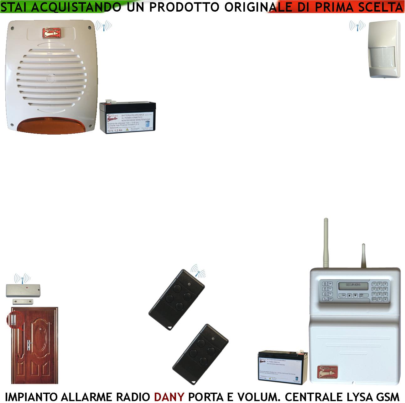 Impianto Antifuto Dany Centrale Radio Filo Lysa evo GSM Fr 433,92 MHz Anti-Jamming Allarme Apertura Scasso Porta Rileva Movimento Intrusi Sirena Lampeggiante Esterna 2 Radiocomandi Gestione Remota