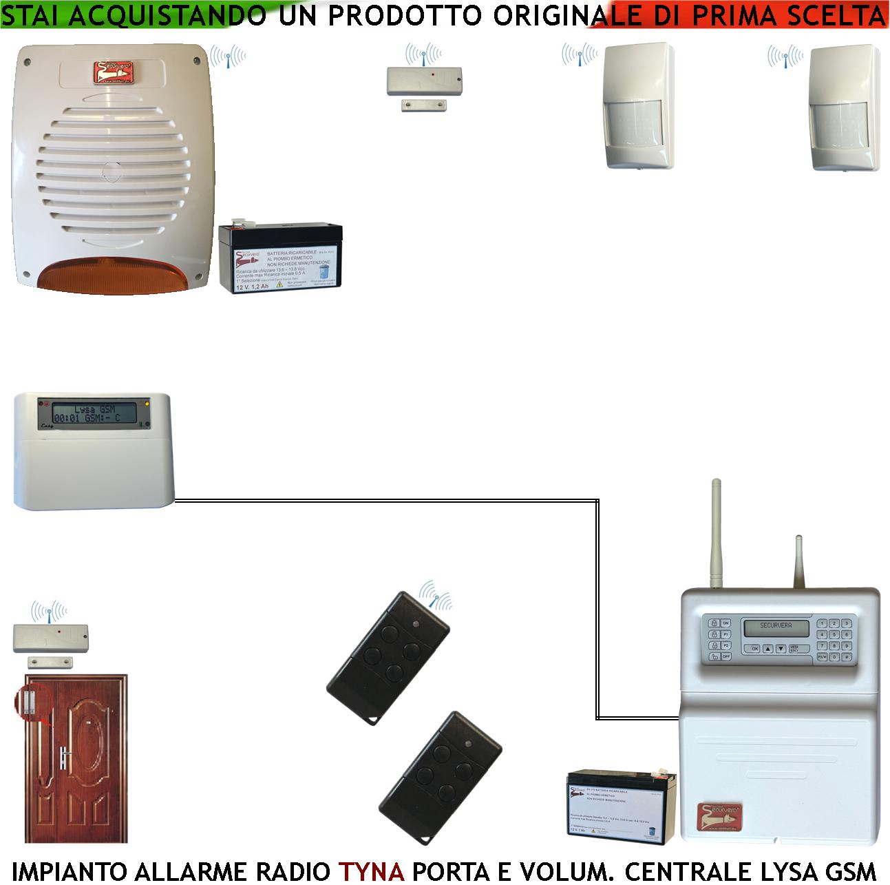 Impianto Antifuto Tyna Centrale Radio Filo evo GSM Fr 433,92 MHz Anti-Jamming Tastiera Remota Allarme Apertura Scasso Porta Rileva Intrusi Sirena Lampeggiante Esterna 2 Radiocomandi Gestione Remota