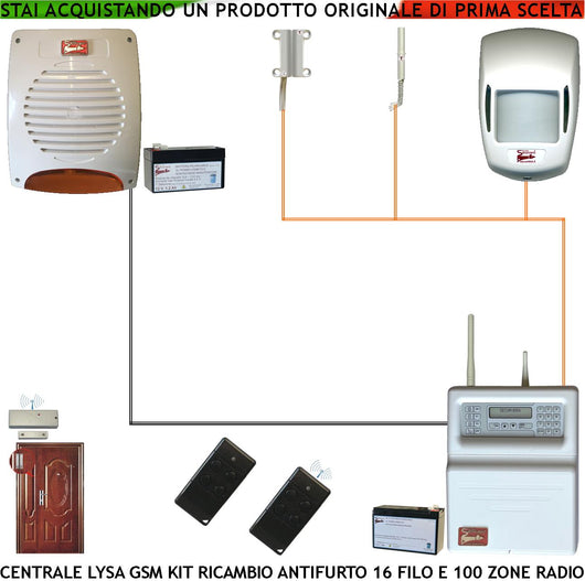 Kit Impianto Antifurto NINA Centrale Lysa evo GSM 16 Zone Filo 100 Radio Sirena Allarme Lampeg. Esterna 2 Radiocomandi Anti-Jamming Sens. Infrarosso 2 Contatti Magnetici Gestione da Remoto Tramite APP