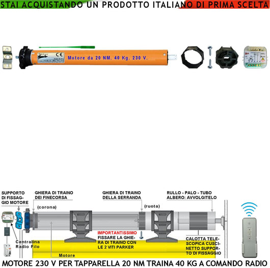 Kit Motore 230 V 220 W Per Tapparella Avvolgibile 90 KG 50 Nm Centrale Comando Radio Sistema Blocco Sollevamento Telo Fine Corsa Regolabili Per Tubo Ottagonale Diametro 60 mm Protezione Termica 135°