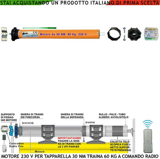 Kit Motore 230 V 170 W Per Tapparella Avvolgibile 60 KG 30 Nm Centrale Comando Radio Sistema Blocco Sollevamento Telo Fine Corsa Regolabili Per Tubo Ottagonale Diametro 60 mm Protezione Termica 135°