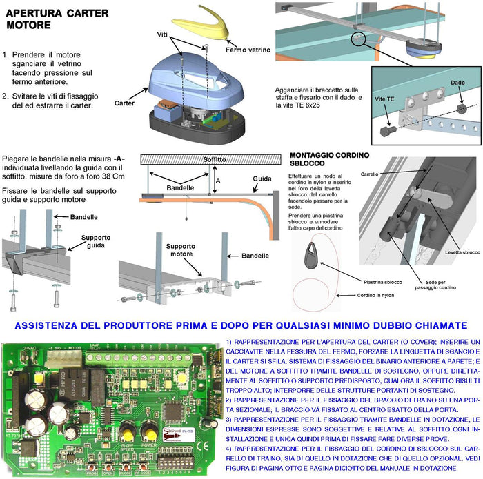 Kit Automatismo Motore 220/24 V da Soffitto per Cler Basculante 70 Kg 4 Radiocomandi Faro Antenna Selettore Binario Alluminio Catena Acciaio 3 Metri Cordino Sblocco Pattino Archetto Luce di Cortesia
