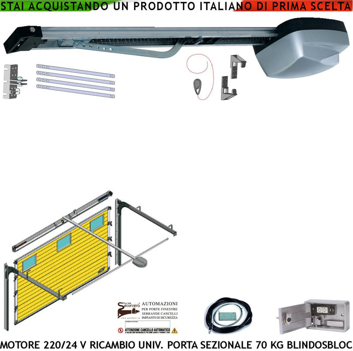 Automazione x Porta Sezionale Kit Ricambio Motore 220/24 V da Soffitto 70 Kg Radiocomando Binario 3 MT Catena Acciaio Sistema Autoblock Blindino Cordino Per Sblocco Pattino di Traino Luce di Cortesia