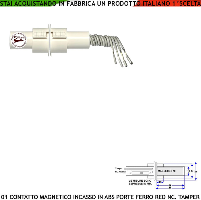 Allarme Contatto Magnetico Cilindro da Incasso In ABS Sensore Reed Rileva Apertura Cancello in Ferro Campo 20 mm Antifurto Collegamento 4 Fili 3 NC.NA 2 Tamper Max 30 V 10 W Fissaggio ad Incasso IP67