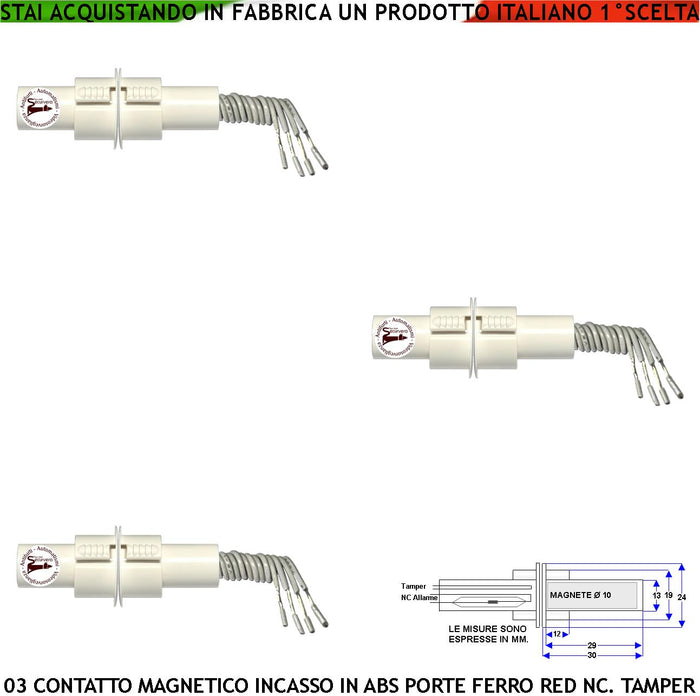 Contatto Magnetico Cilindrico da Incasso In ABS Allarme Apertura Cancello o Porta Blindata Ferro 3 Pezzi Sensori Reed Antifurto Campo 20 mm 4 Fili 2 NA 2 Tamper Max 30 V 10 W Fissaggio da Interno IP67