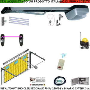 Porta Sezionale 70 Kg Kit Motore da Soffitto 220/24 V Radiocomando Fotocellule Faro Antenna Binario Alluminio 3 Metri Catena 5,5 MT Sistema Automatico Blindino Cordino Sblocco Luce di Cortesia