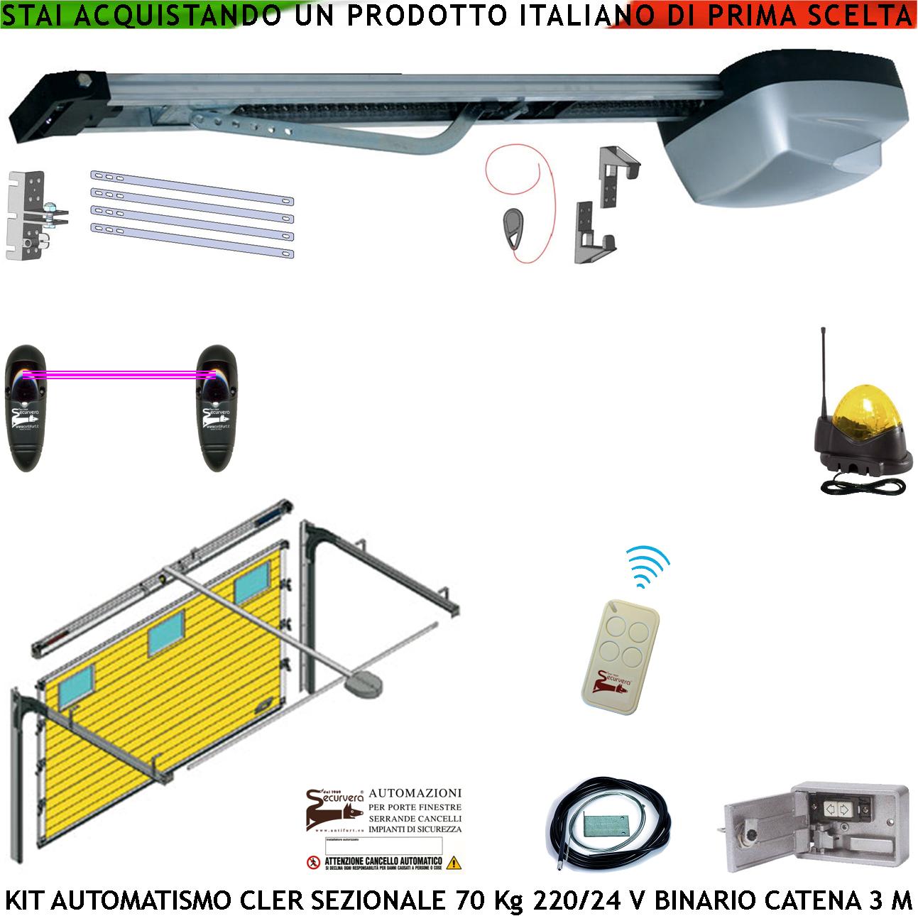 Porta Sezionale 70 Kg Kit Automazione da Soffitto 220/24 V Radiocomando Fotocellule Faro Antenna Binario Alluminio 3 Metri Catena 5,5 MT Sistema Autoreverse Blindino Cordino Sblocco Luce di Cortesia