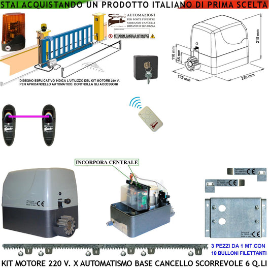 Automazione Cancello Scorrevole da 6 Q.li Kit Motore 230 V Con Centrale Radiocomando Faro Fotocellula Selettore 3 Metri di Cremagliera in Nylon Fine Corsa Accessori Fissaggio Condensatore Pignone Z12