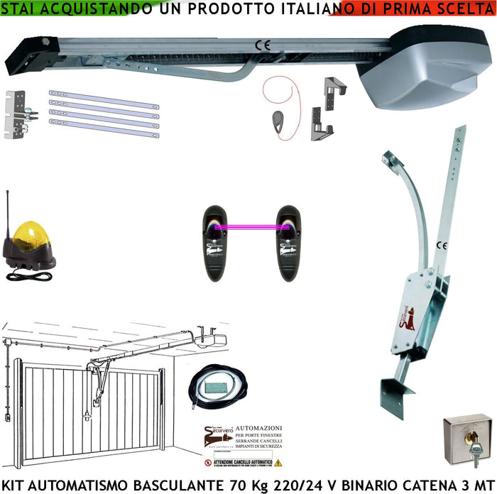 Kit Automatismo per Porta Basculante 70 Kg Motore 220/24 V da Soffitto Faro Antenna Selettore Binario Alluminio Catena Acciaio 3 Metri Cordino Per Sblocco Pattino. Archetto Oscillante Luce di Cortesia