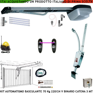 Kit Automazione Motore 220/24 V da Soffitto per Porta Basculante 70 Kg Faro Antenna Selettore Binario Alluminio Catena Acciaio 3 Metri Cordino Per Sblocco Pattino. Archetto Oscillante Luce di Cortesia