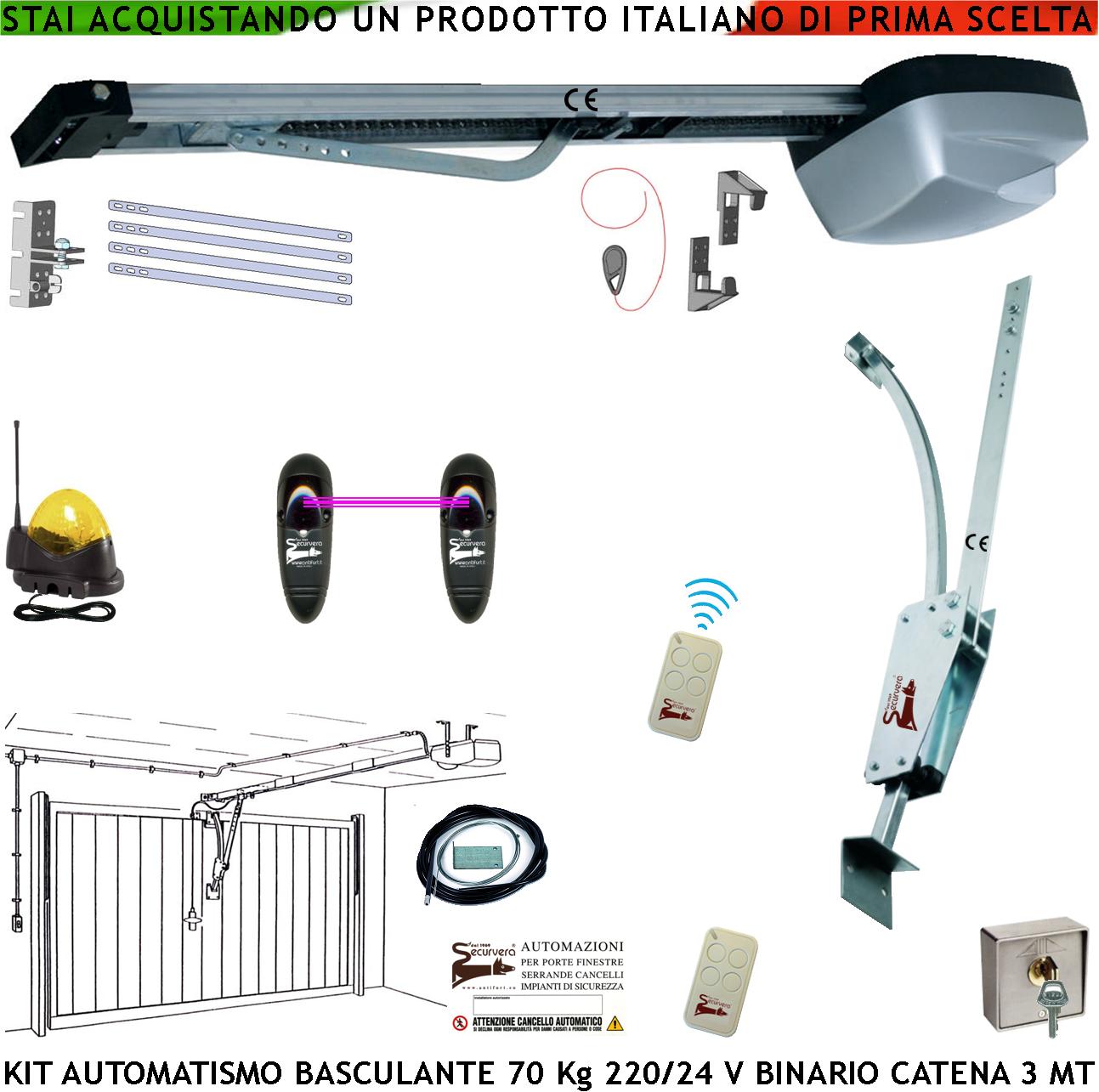 Basculante 70 Kg Kit Automatismo Motore 220/24 V da Soffitto Faro Antenna Selettore Binario Alluminio Catena Acciaio 3 Mt Cordino x Sblocco Pattino 2 Radiocomandi Archetto Oscillante Luce di Cortesia