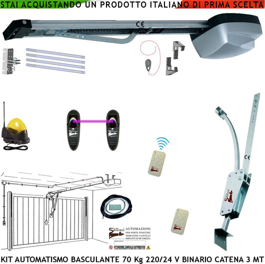 Cler Basculante 70 Kg Kit Automatismo Motore 220/24 V da Soffitto Faro Antenna Binario Alluminio Catena in Acciaio 3 Metri Cordino Sblocco Pattino Archetto Oscillante 2 Radiocomandi Luce di Cortesia