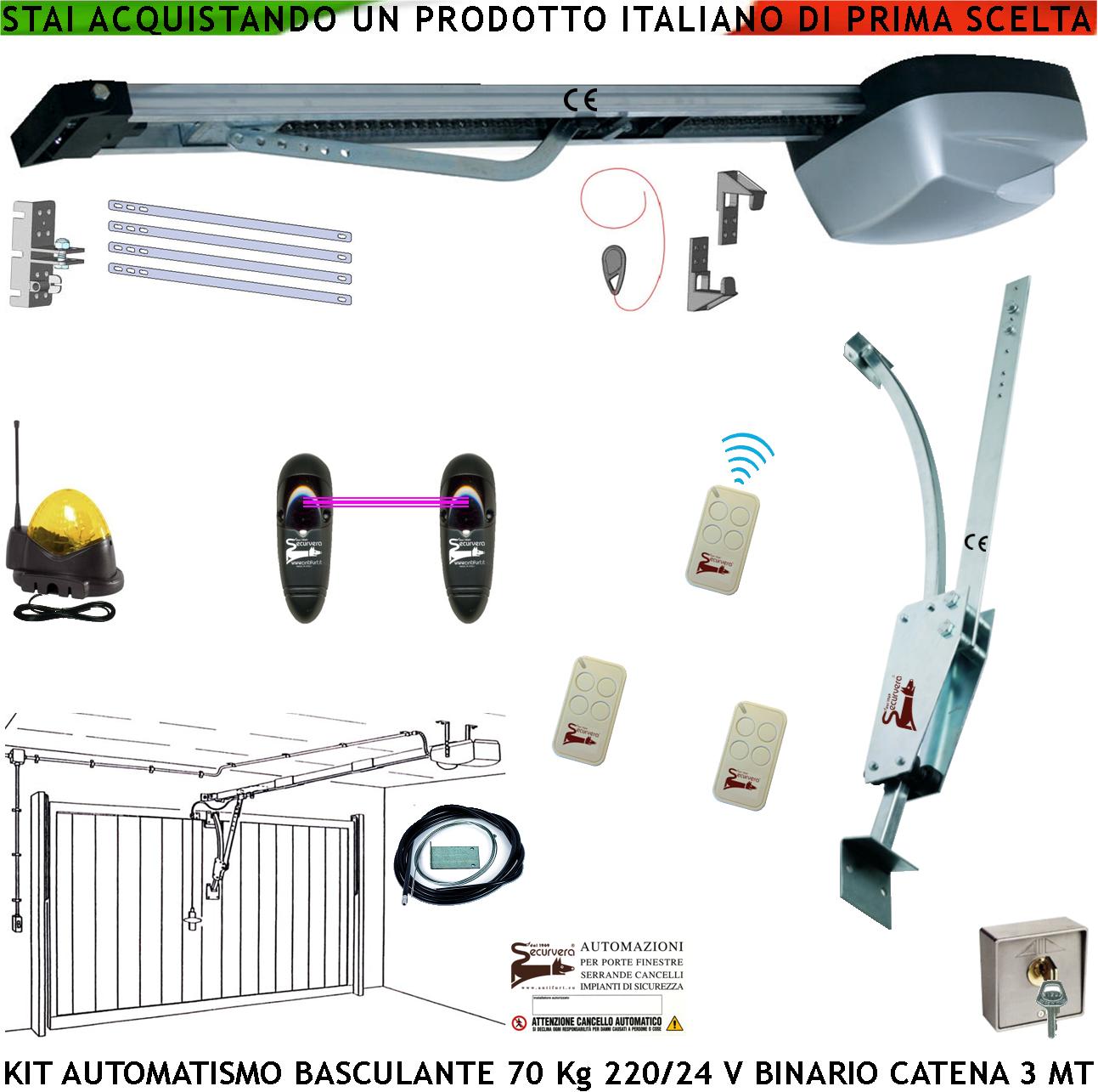 Kit Automatismo Per Basculante 70 Kg Motore 220/24 V da Soffitto Faro Antenna Binario Alluminio Catena Acciaio 3 Metri Cordino Per Sblocco Pattino 3 Radiocomandi Archetto Oscillante Luce di Cortesia