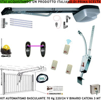 Kit Automatismo Per Basculante 70 Kg Motore 220/24 V da Soffitto Faro Antenna Binario Alluminio Catena Acciaio 3 Metri Cordino Per Sblocco Pattino 3 Radiocomandi Archetto Oscillante Luce di Cortesia