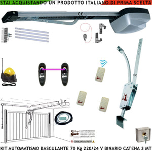 Kit Motore 220/24 V da Soffitto per Cler Basculante 70 Kg Automatica Selettore Binario Alluminio Catena Acciaio 3 Metri Cordino x Sblocco Pattino Archetto 3 Radiocomandi Faro Antenna Luce di Cortesia