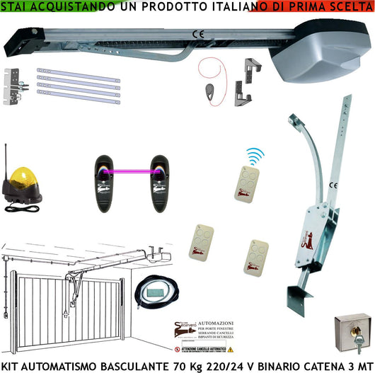 Basculante 70 Kg Kit Automatismo Motore 220/24 V da Soffitto Faro Antenna Selettore Binario Alluminio Catena Acciaio 3 Metri Cordino Sblocco Pattino Archetto Oscillante 3 Radiocomandi Luce di Cortesia