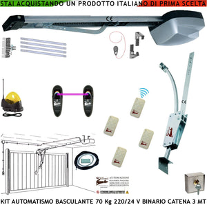 Basculante 70 Kg Kit Automatismo Motore 220/24 V da Soffitto 4 Radiocomandi Faro Antenna Selettore Binario Alluminio Catena Acciaio 3 Mt Cordino x Sblocco Pattino Archetto Oscillante Luce di Cortesia
