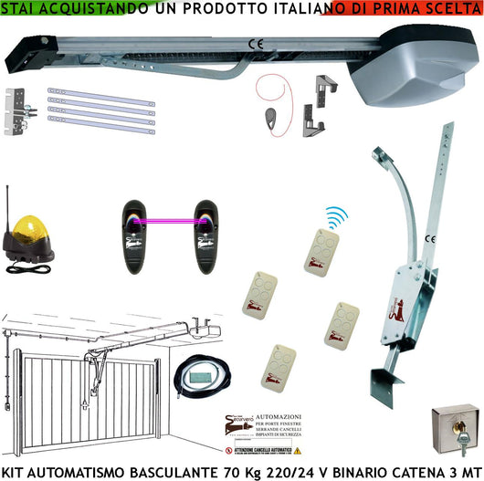 Kit Automazione Motore 220/24 V da Soffitto per Cler Basculante 70 Kg 4 Radiocomandi Faro Antenna Selettore Binario Alluminio Catena Acciaio Tre Metri Cordino Sblocco Pattino Archetto Luce di Cortesia