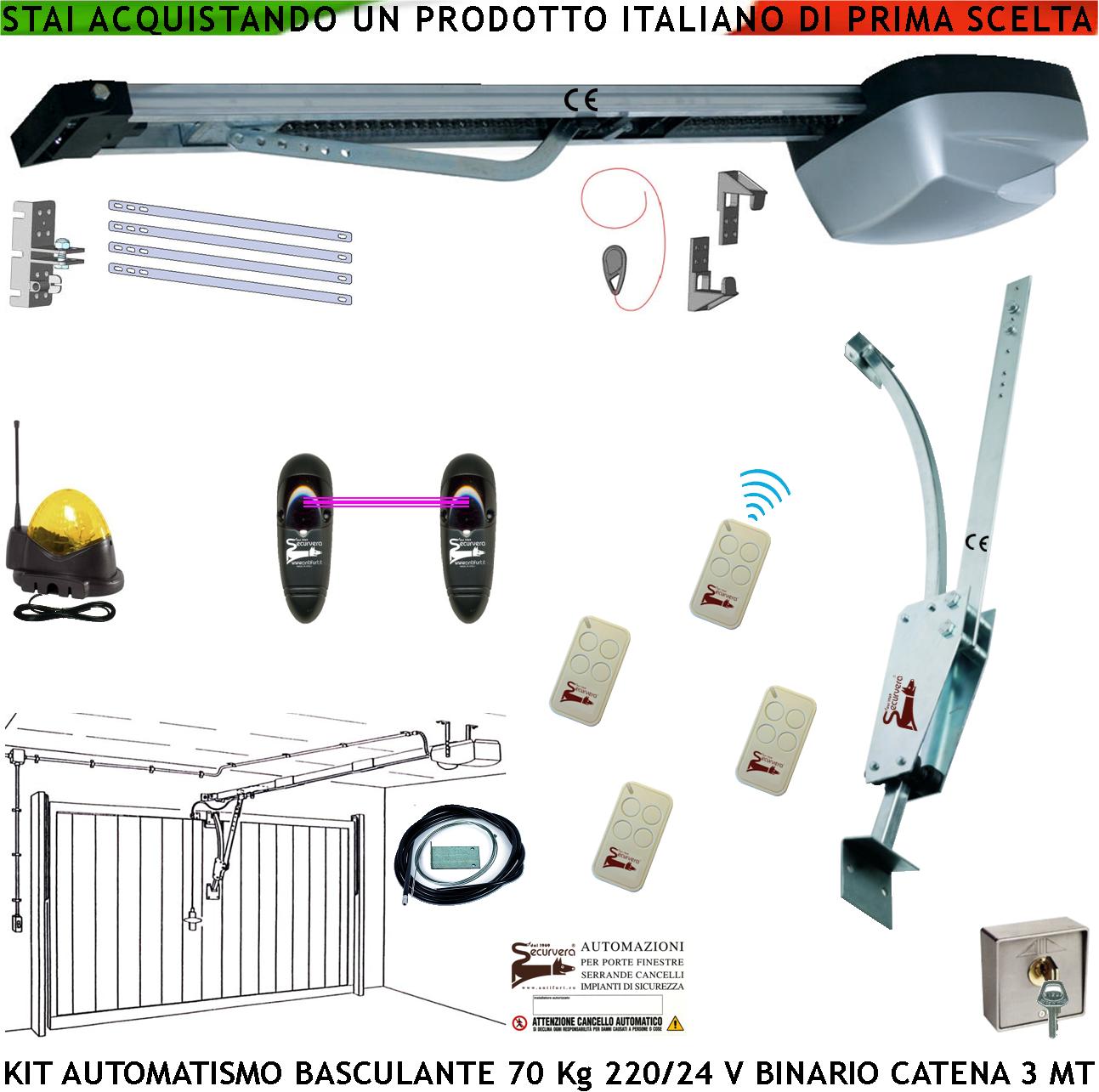 Kit Automatismo Motore 220/24 V da Soffitto per Cler Basculante 70 Kg 4 Radiocomandi Faro Antenna Selettore Binario Alluminio Catena Acciaio 3 Metri Cordino Sblocco Pattino Archetto Luce di Cortesia