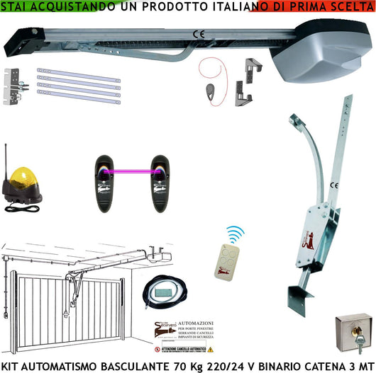 Kit Automazione Motore 220/24 V da Soffitto per Porta Basculante 70 Kg Faro Antenna Selettore Binario Alluminio Catena Acciaio 3 Metri Cordino Sblocco Pattino Radiocomando Archetto Luce di Cortesia